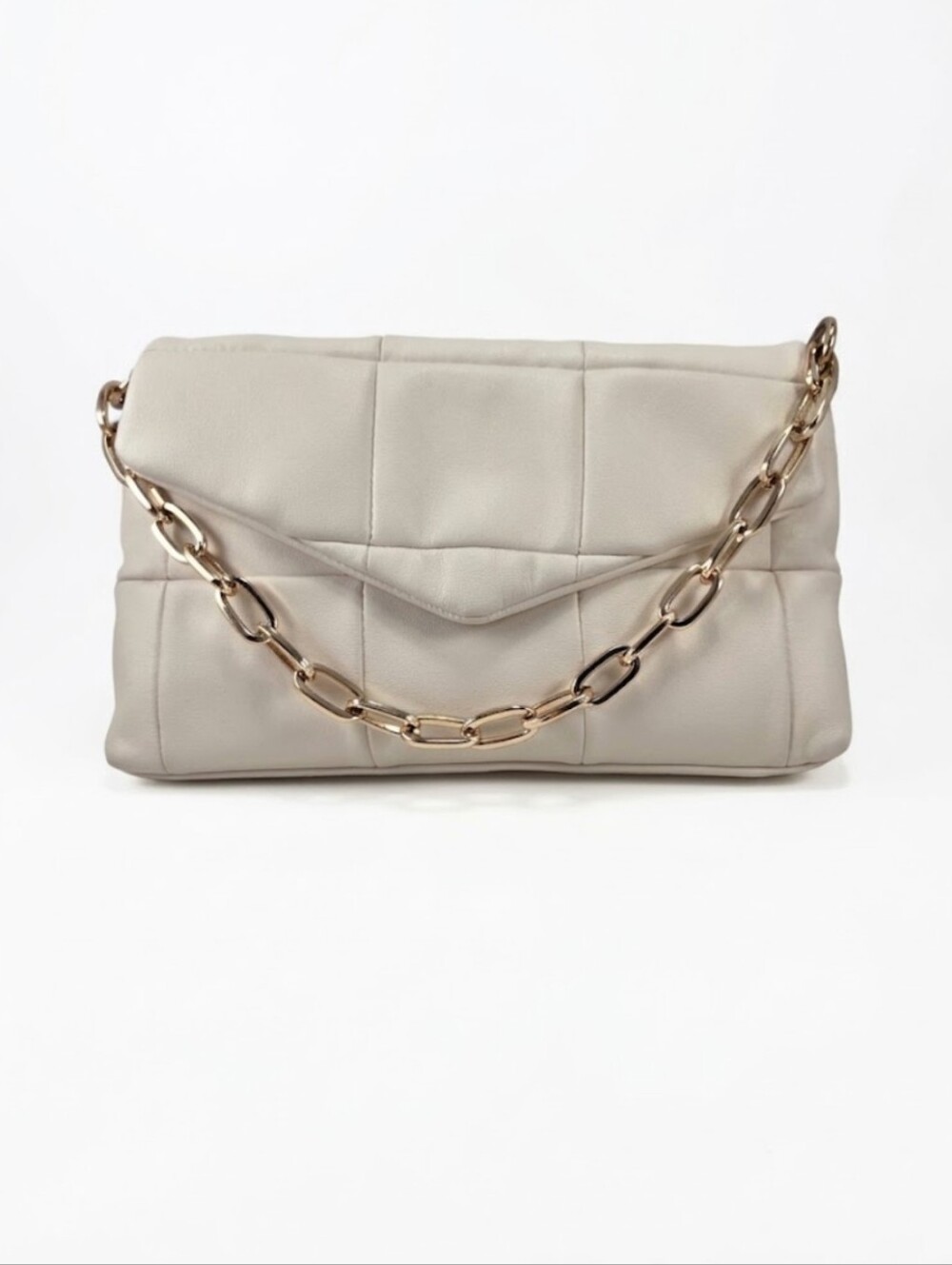 Urban Expressions Quilted Cassette Flap Hand Bag Cream & Gold Vegan Leather